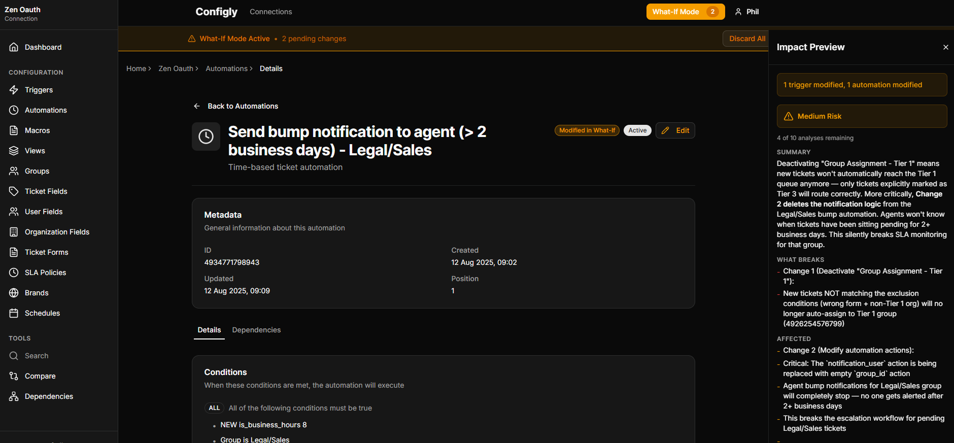 Configly What-If Simulation showing AI-powered impact analysis of Zendesk configuration changes